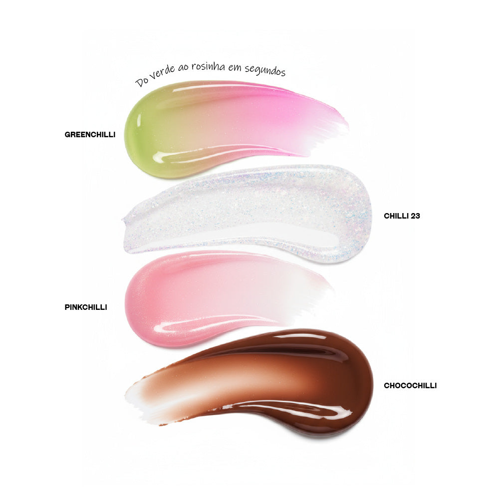Texturas e cores dos glosses Chilli23, PinkChilli, ChocoChilli e GreenChilli
